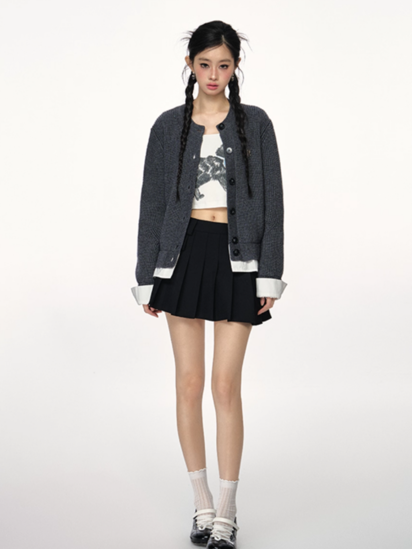 PCH - Tri-Color Layered Knit Cardigan with Contrast Panels (Dark Gray)