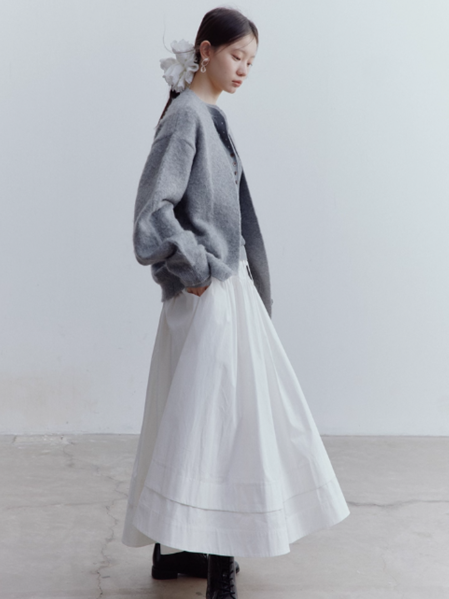 FUSSED Lazy Furry Mist Gray Wool & Mohair V-Neck Cardigan FOF-25SS177