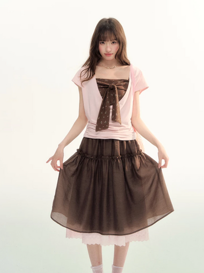 Lace Trim A-Line Elastic Waist Midi Skirt WW2026098