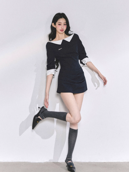 少也眼 Navy Blue High-End Hepburn Style Sexy Bodycon Mini Dress