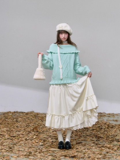 "软绒蓓蕾" Ivory Ruffle Midi Skirt