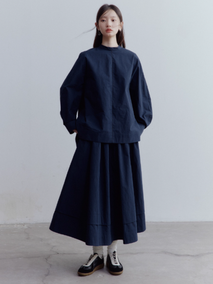 FUSSED Everyday Nerd A-Line Pleated Cotton Midi Skirt in Prussian Blue FOF-25SS172b