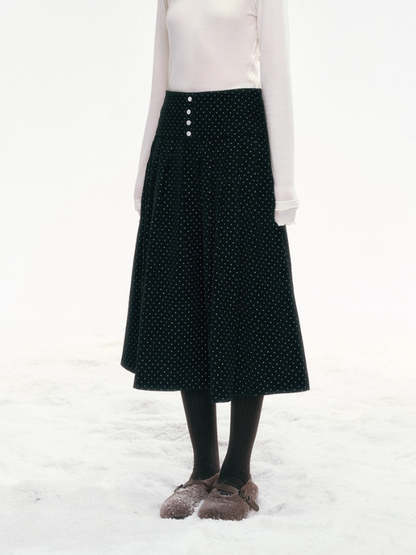 "Polka Waltz" Corduroy Pleated Skirt – Black/White Dot SJ2025333