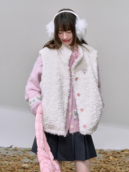 "格调翻转" Reversible Soft Girl Vest – Faux Fur & Pastel Pink Plaid Gilet