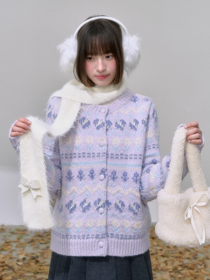 "紫韵浮纹" Purple Fair Isle Knit Cardigan