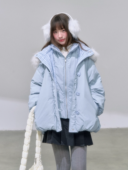 "雪境叠影" Faux Two-Piece Blue Down Jacket with 90% Duck Down & Fur Hood