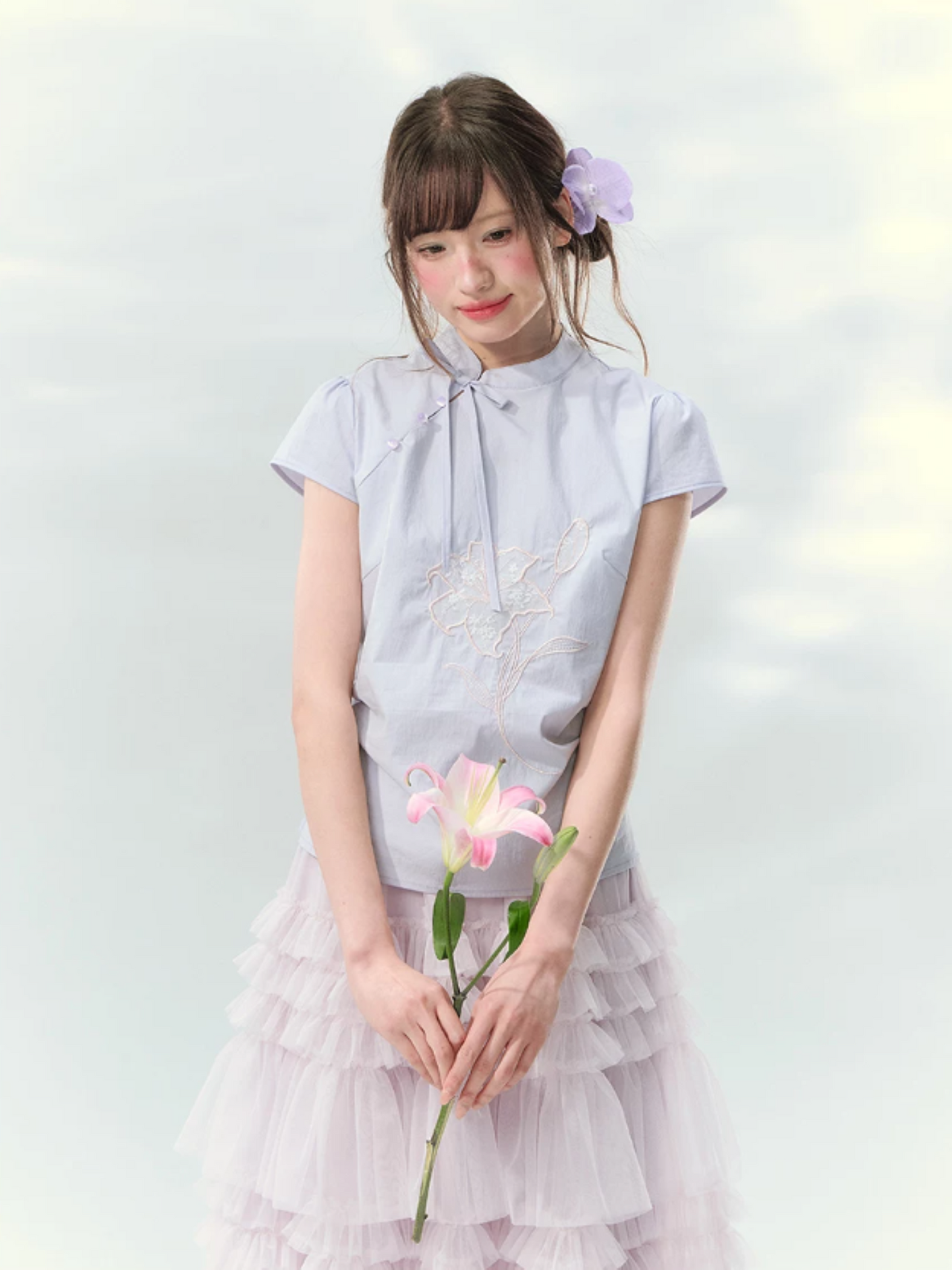“Lilac Embroidered Whisper” Orchid Purple Mandarin Collar Blouse