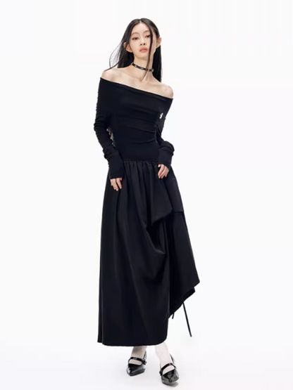 PCH - Hepburn Style Off-Shoulder Long Dress (Black)