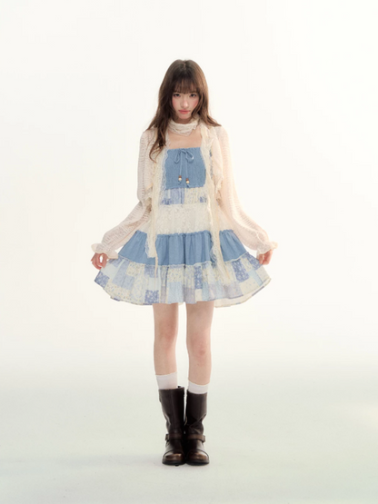 Blue Patchwork Tiered Smocked Dress LL2026106
