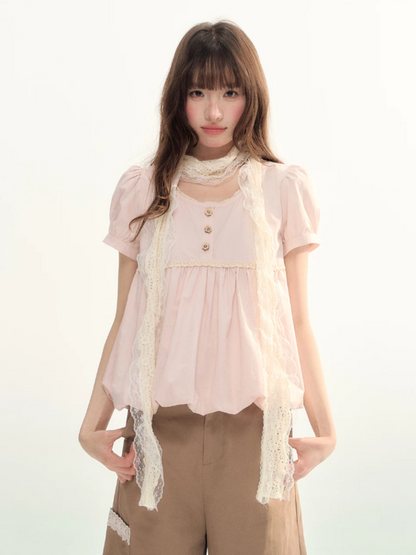 Soft Pink Lace Bubble Hem Blouse WW2026084
