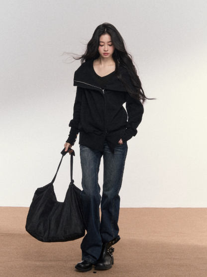 PCH - Cotton Zip-Up Hoodie with Detachable Collar (Black)