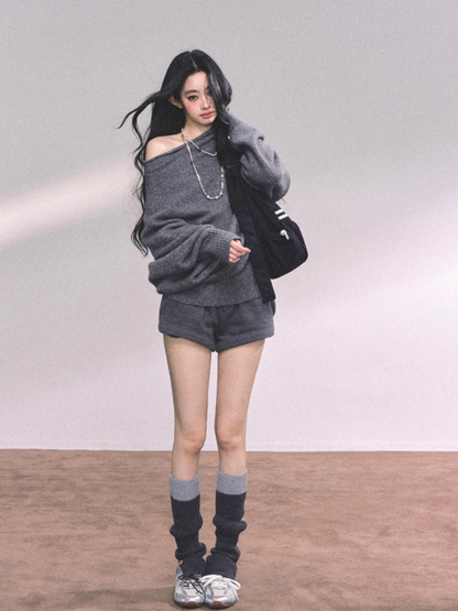少也眼 Korean Off-Shoulder Slouchy Knit Sweater