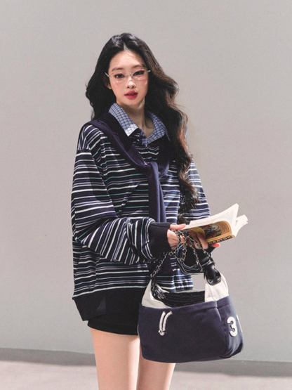 少也眼 "Unfinished Poem" Striped Polo Long Sleeve - Navy Striped