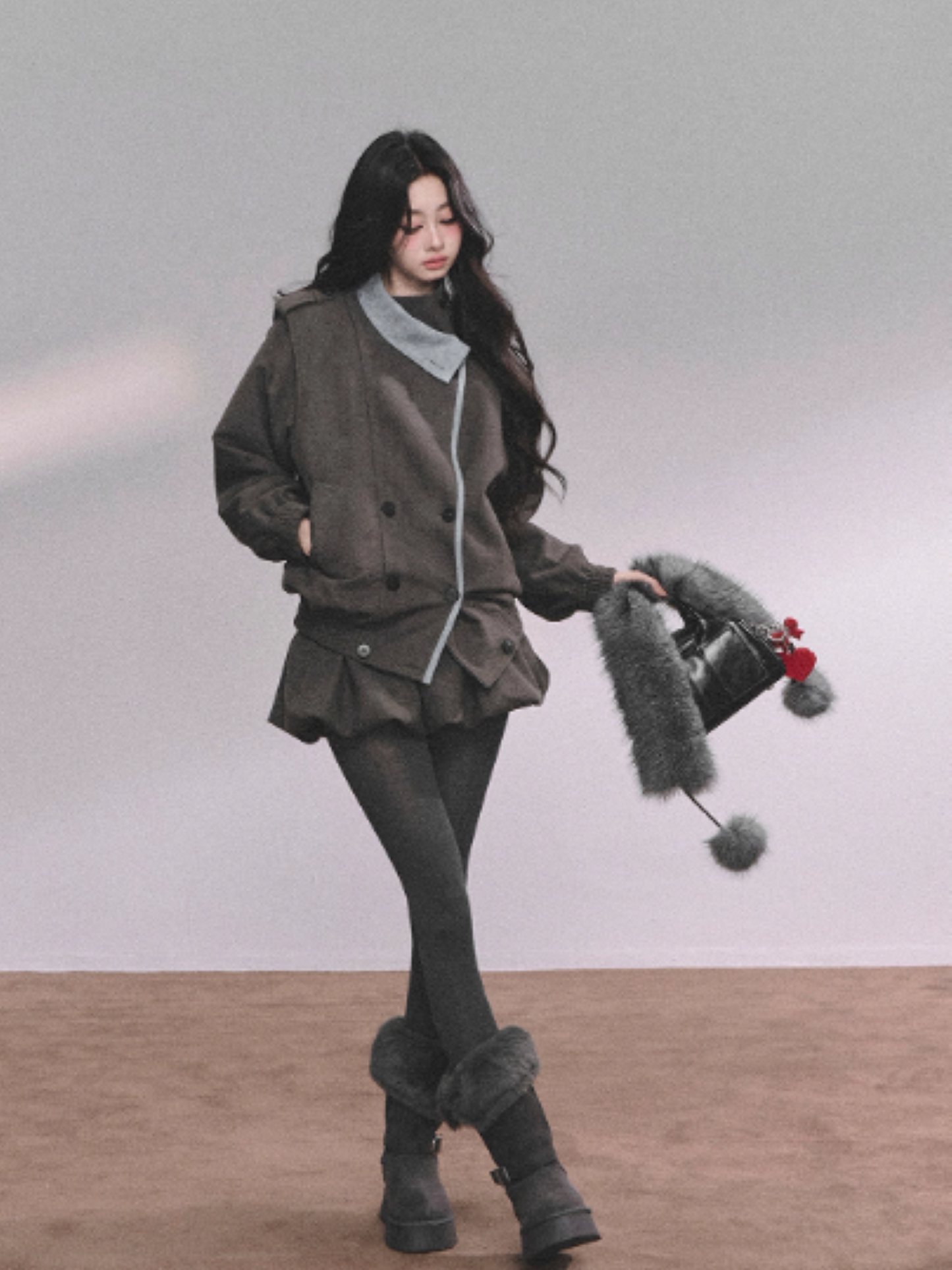 少也眼 Elegant French-Inspired Grey Jacket and Skirt Set