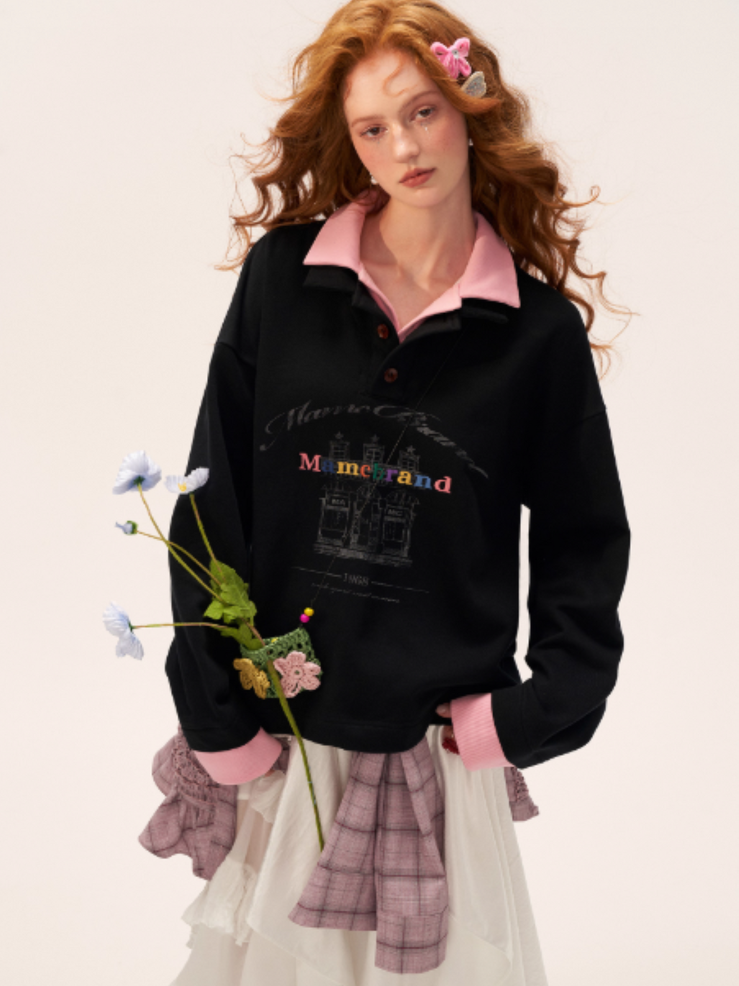 MAMC - Fake Two-Piece Buttoned Polo Sweatshirt WE823 - BLACK