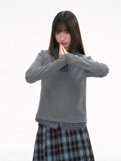 '格间絮语' Vintage Plaid Patchwork Knit Top – Brown/Yellow & Gray/Blue