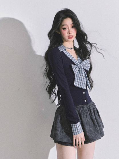 少也眼 Navy Blue Plaid Layered-Look Long Sleeve T-Shirt with Bow