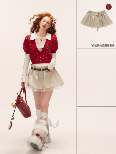 MAMC - Vintage Crochet V-Neck Puff Sleeve Sweater WE837 - RED