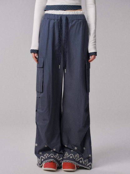 "时髦蓝波" Polka Dot Embroidered Wide-Leg Pants
