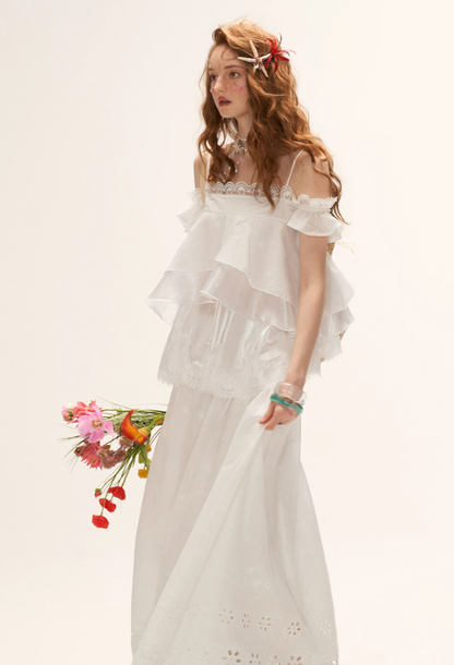 White Lace Ruffle Cami & Eyelet Maxi Skirt Set  WE991