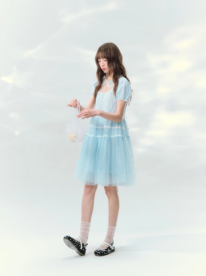 “Ice Blue Polka Dream” Blue Polka Dot Tiered Mini Dress