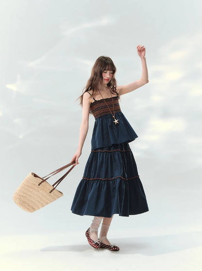 “Bohemian Travel Notes” Navy Beaded Cami & Tiered Maxi Skirt Set