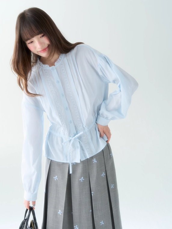 罐头士多所 - "Blue Whisper" Ruffled Collar Lace Shirt