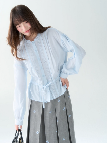罐头士多所 - "Blue Whisper" Ruffled Collar Lace Shirt