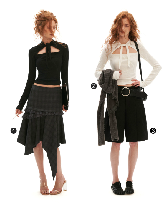 MAMC - Lace-Up Cutout Waist-Sculpt Long Sleeve Top (Black/ White)