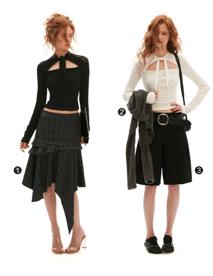 MAMC - Lace-Up Cutout Waist-Sculpt Long Sleeve Top (Black/ White)