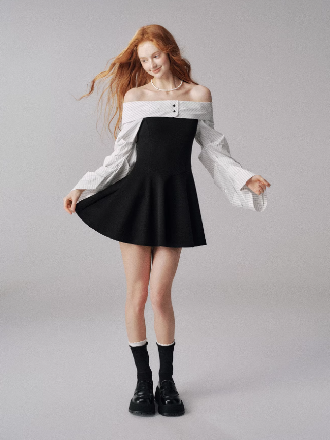 Off-Shoulder Knit Dress with Lantern Sleeves (Black & White)