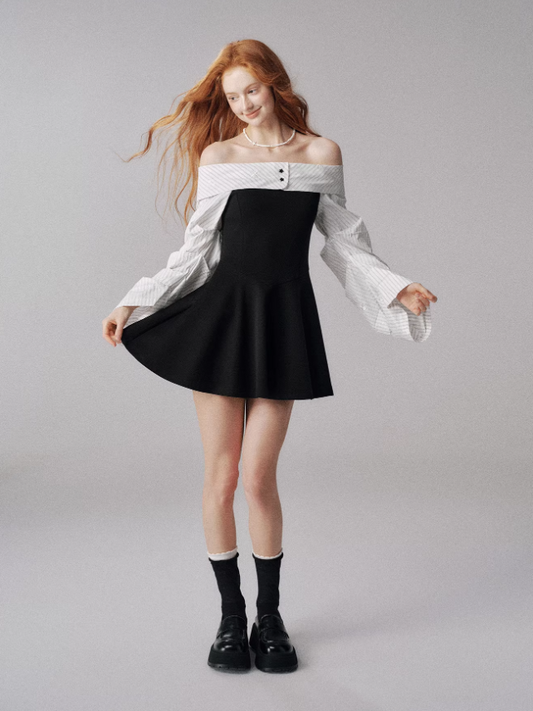 Off-Shoulder Knit Dress with Lantern Sleeves (Black & White)