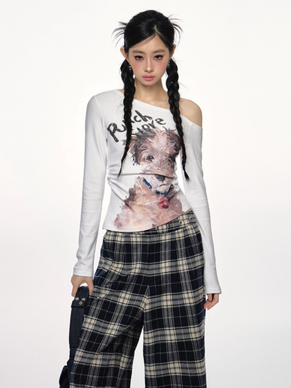 PCH - Asymmetrical Studded Off-Shoulder Top with Dog Print