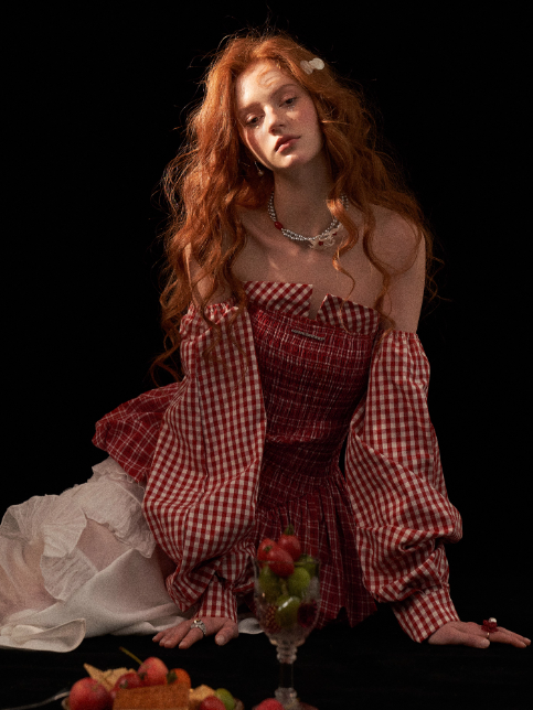 Off-Shoulder Peplum Top WE726 (Red Gingham)