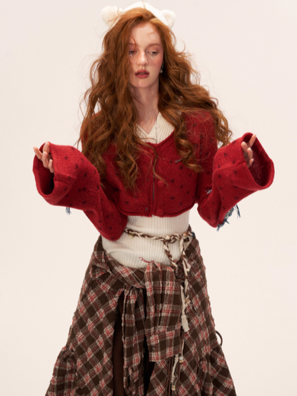 MAMC - Star Patch Cropped Knit Cardigan (Wine Red)