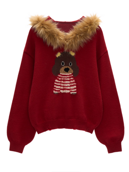 MAMC - Dog Fur-Trim Pullover Hoodie Sweater WE805 - Red