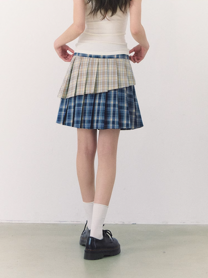 罐头粪便 - Preppy Gingham Patchwork Pleated Skirt – Asymmetric Mini Skirt