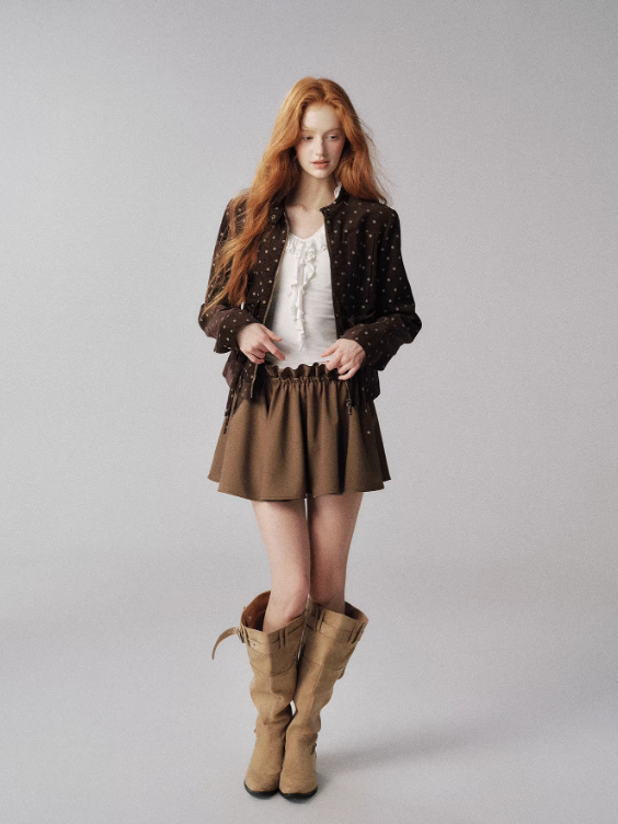 "可可焦糖" Khaki Ruffle-Waist Puff Mini Skirt - MIU-Inspired