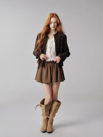 "可可焦糖" Khaki Ruffle-Waist Puff Mini Skirt - MIU-Inspired
