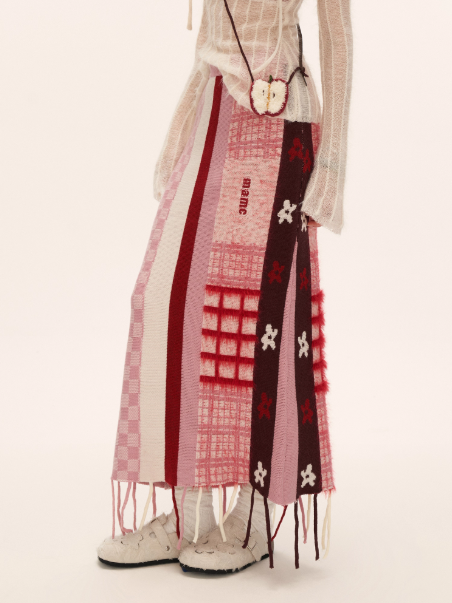 MAMC - Pink Patchwork Fringe Floral Plaid Skirt WE826
