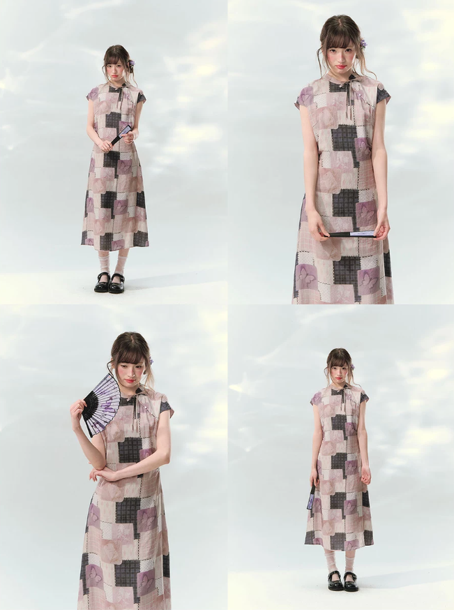 “Wisteria Poetry” Purple Patchwork Print Cheongsam Dress