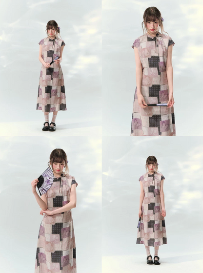 “Wisteria Poetry” Purple Patchwork Print Cheongsam Dress