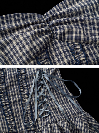 MAMC - Asymmetrical Blue Plaid Lace-Up Dress