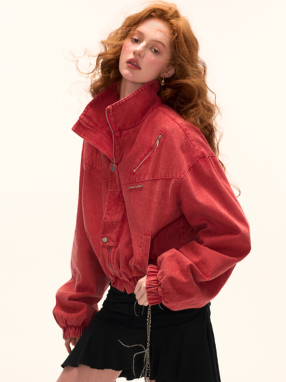 MAMC - Red Cropped Utility Jacket with Stand Collar WE734