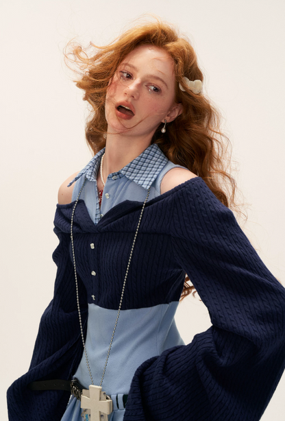 Blue Layered Collar Waist-Cinch Shirt Dress