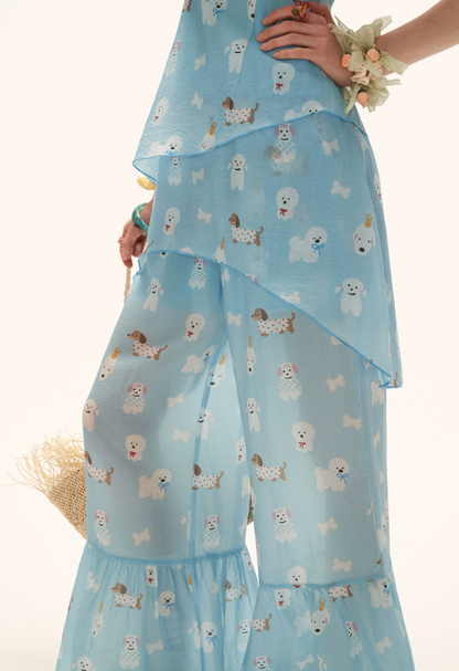 Sky Blue Puppy Print Ruffle Cami & Wide-Leg Pants Set WE969