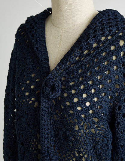 FUSSED Garden Midnight Garden Hand-Crocheted 3D Rose Knit Cardigan – Dusky Blue Cotton FOF-25SS176