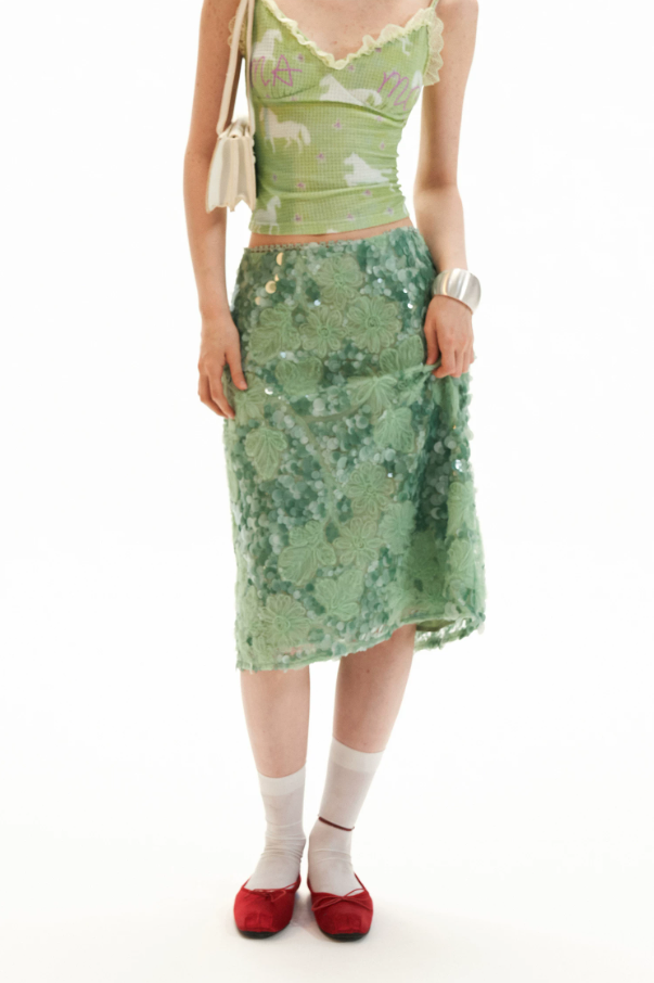 Mint Sequin Embroidered Midi Skirt