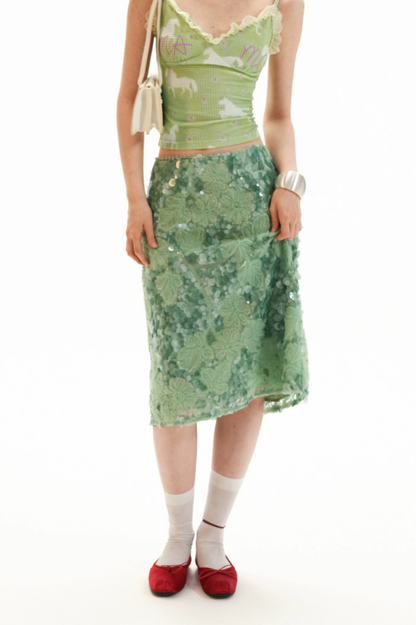 Mint Sequin Embroidered Midi Skirt