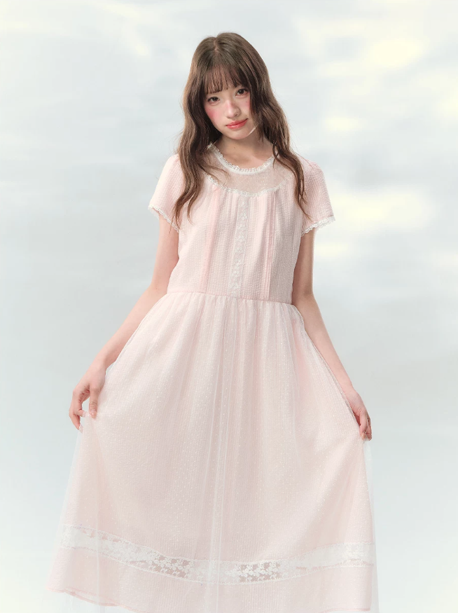 “Peach Bubble Romance” Pink Polka Dot Lace Midi Dress